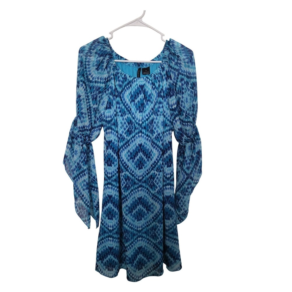 New Directions Tie Sleeve Shift Dress Womens Small Blue Geometric Ikat Boho Mini
